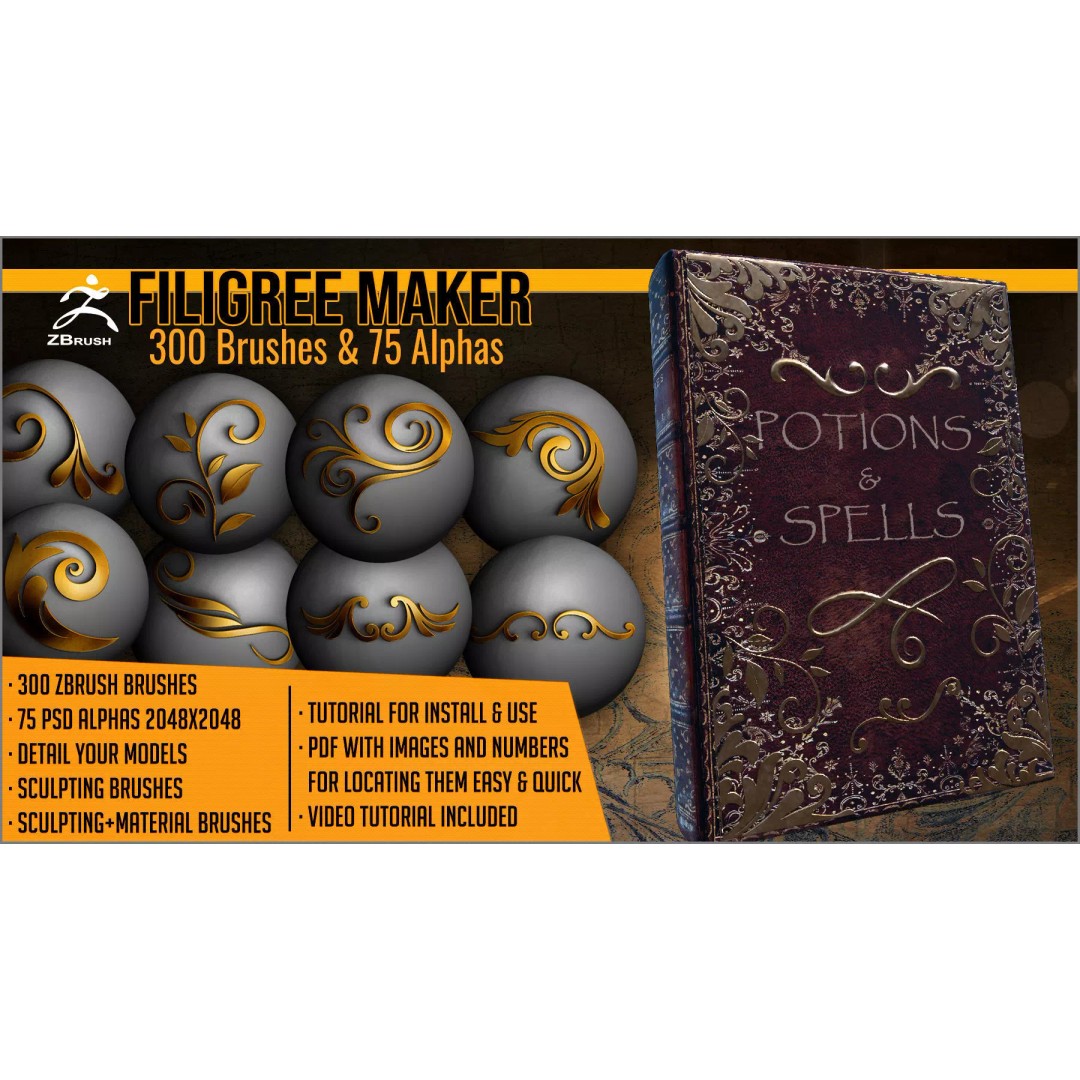 Filigree Maker 300 ZBrush Brushes – Ornate Detail Tools, Alphas & Tutorials - View 2