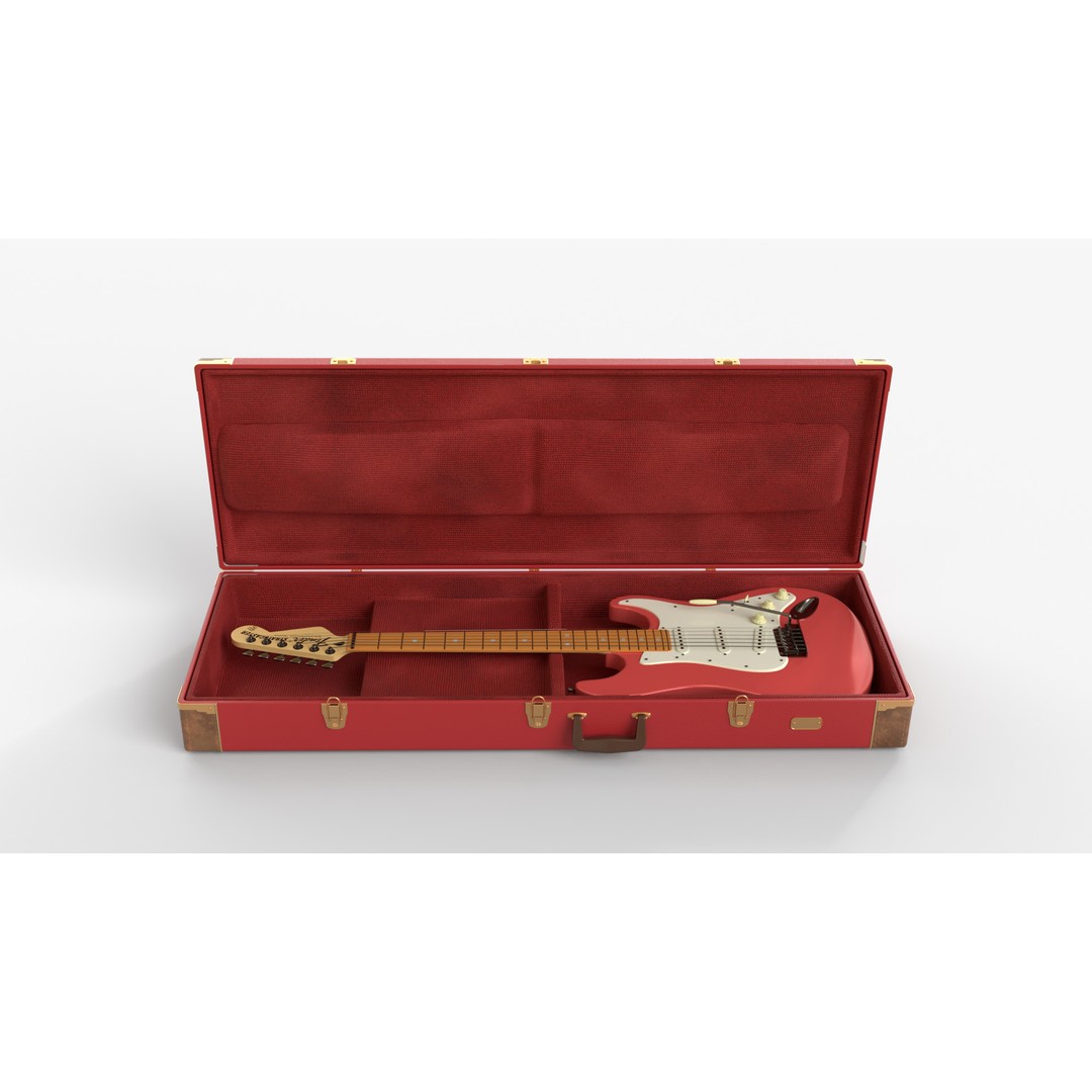 Red Electric Guitar 3D Model – PBR Fender Stratocaster with Case, FBX - View 12