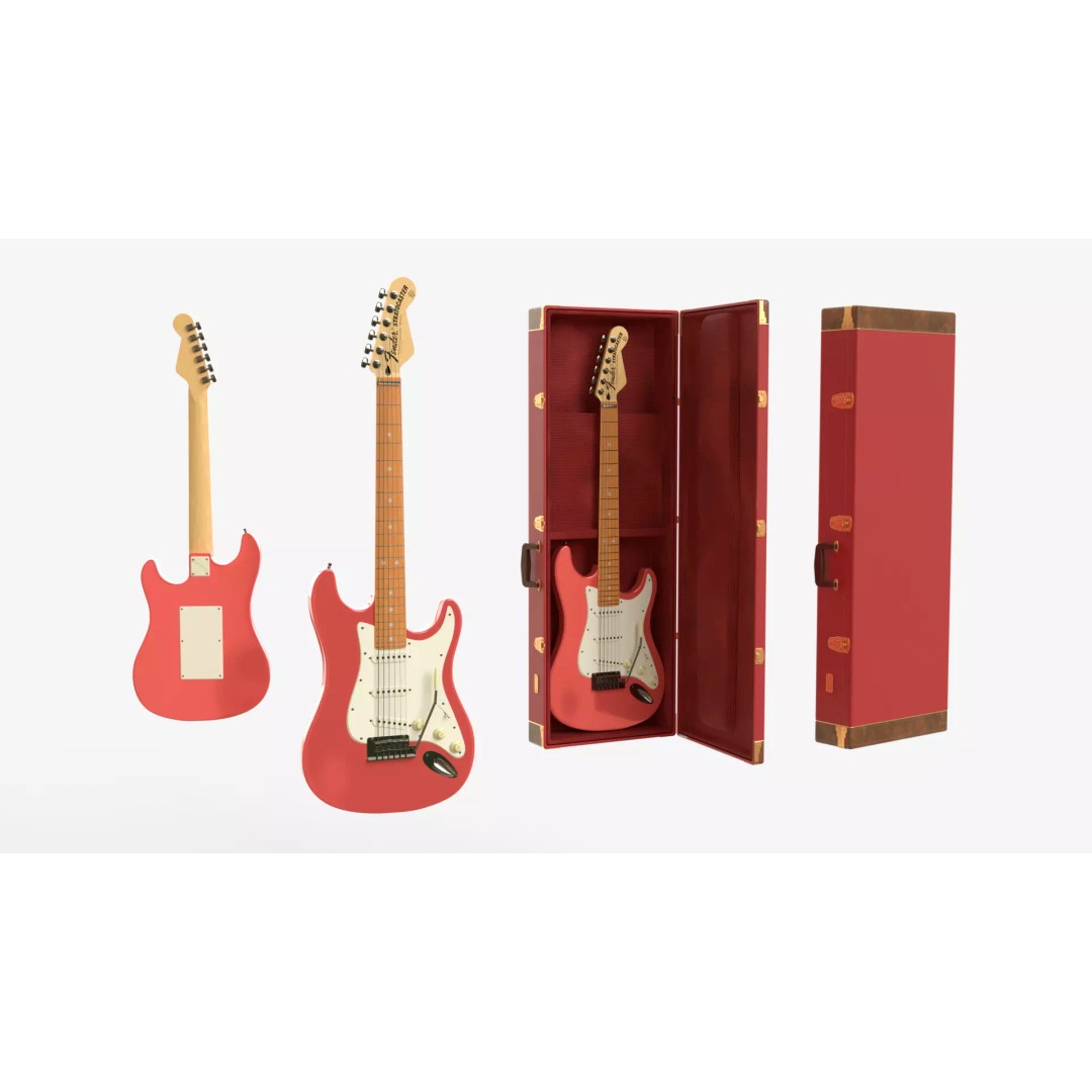 Red Electric Guitar 3D Model – PBR Fender Stratocaster with Case, FBX - View 2