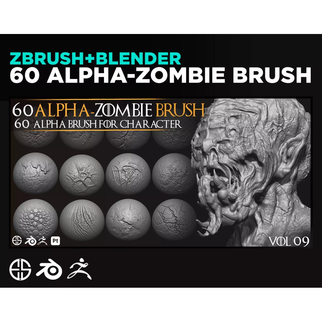 Zombie Skin Brush 3D Model – Alpha Brush Set for Blender & Zbrush - View 2