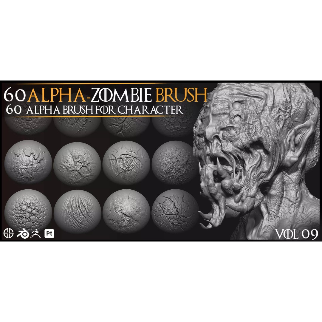 Zombie Skin Brush 3D Model – Alpha Brush Set for Blender & Zbrush - View 3