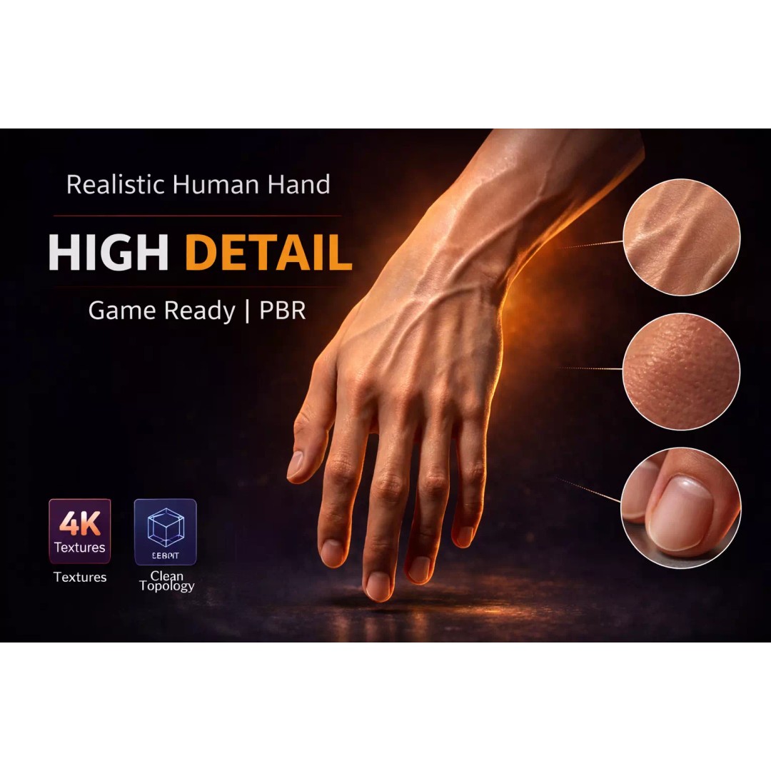 Realistic Human Hand 3D Model – Low Poly PBR Asset for Games - View 2