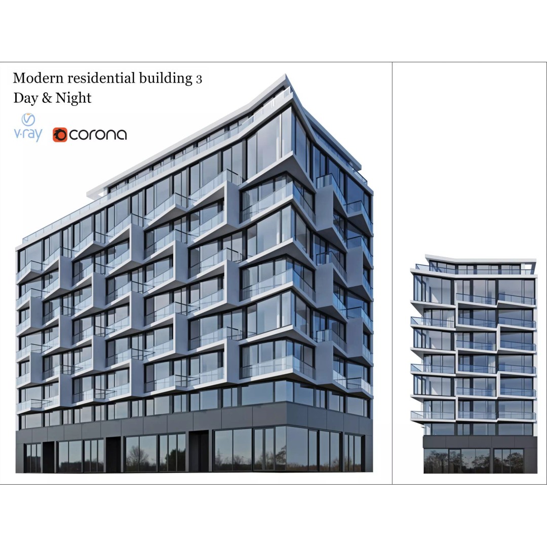 Modern Residential Building 3D Model – Apartment Skyscraper, FBX & OBJ - View 2