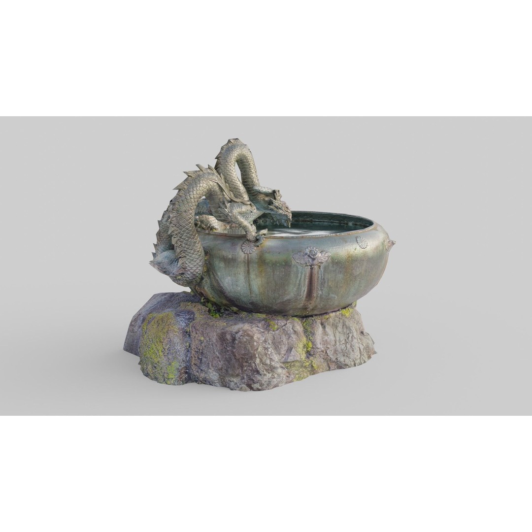 Japanese Dragon Fountain 3D Model – Low Poly PBR Architectural Asset, Blender