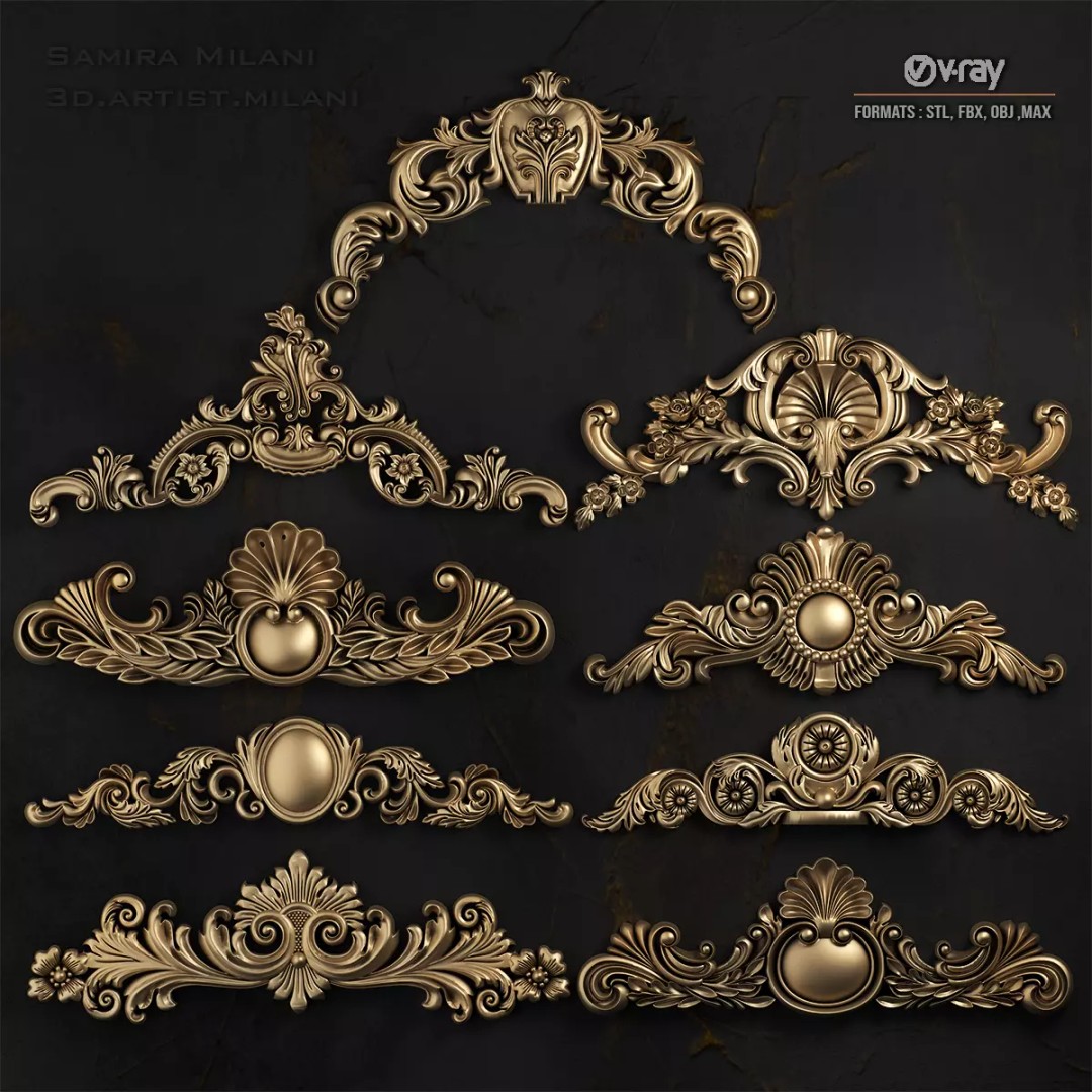 Ornament Pack 1 3D Model – Luxury Carved Decoration, FBX, STL, OBJ - View 3