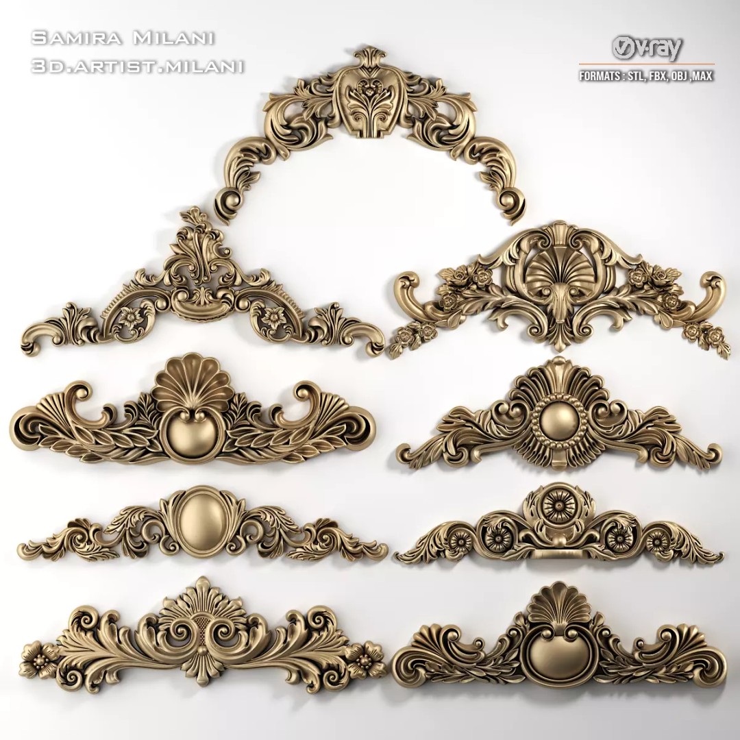 Ornament Pack 1 3D Model – Luxury Carved Decoration, FBX, STL, OBJ - View 4