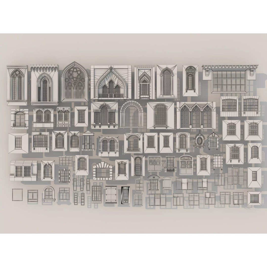 European Style Window Set 3D Model – Low Poly Modular Architecture - View 12