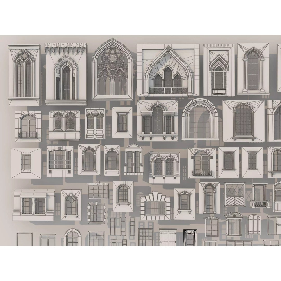 European Style Window Set 3D Model – Low Poly Modular Architecture - View 13