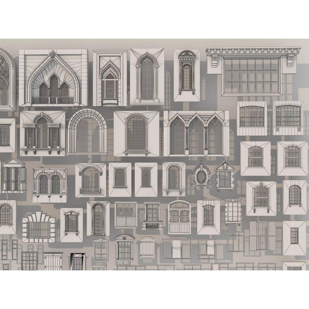 European Style Window Set 3D Model – Low Poly Modular Architecture - View 14