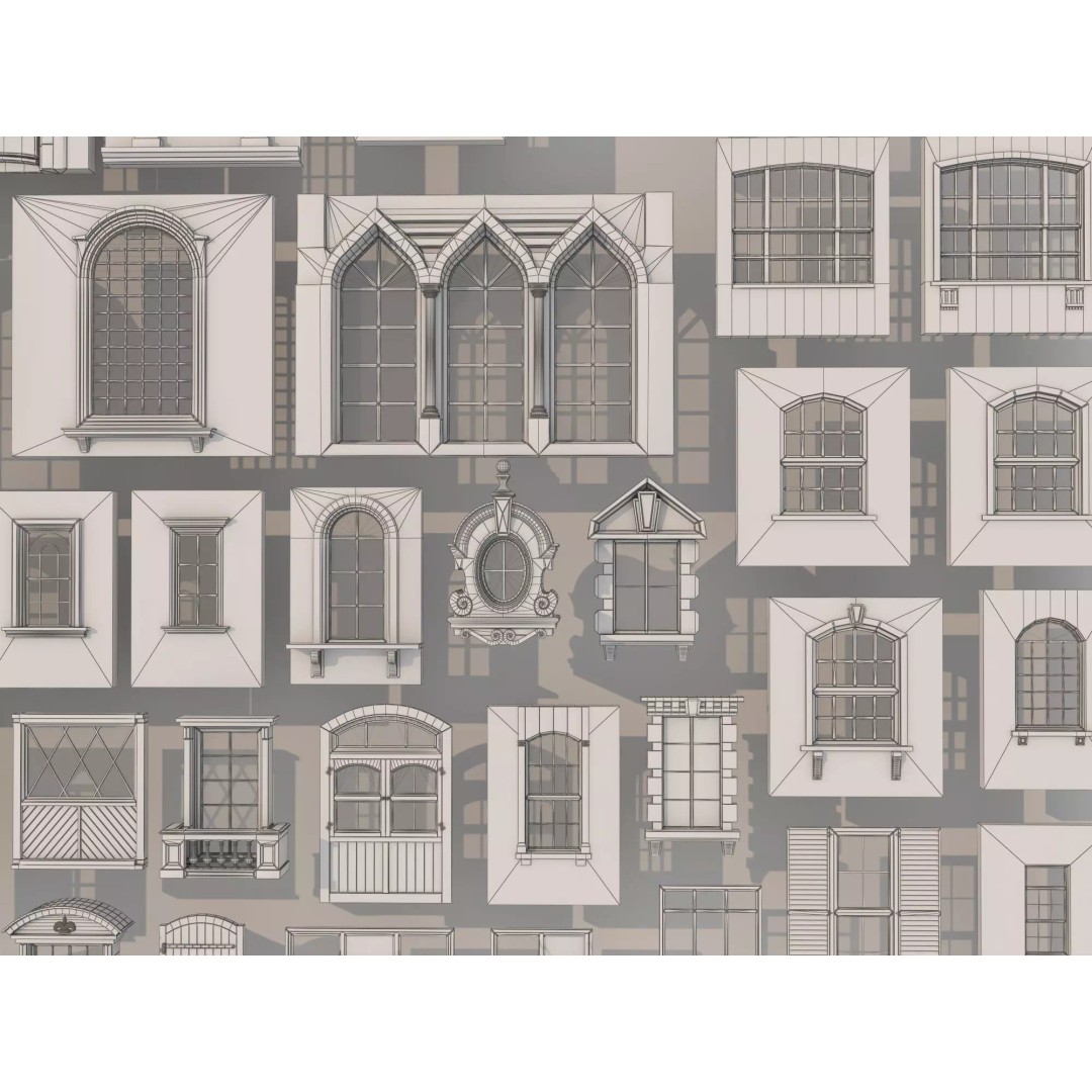 European Style Window Set 3D Model – Low Poly Modular Architecture - View 15