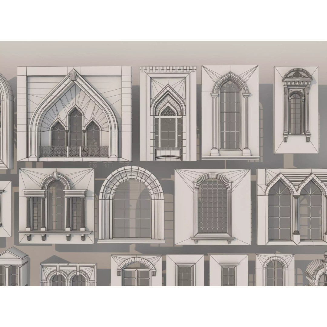 European Style Window Set 3D Model – Low Poly Modular Architecture - View 16