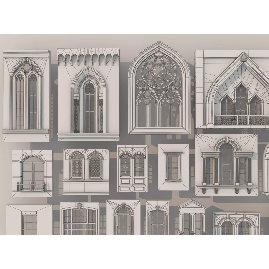 European Style Window Set 3D Model – Low Poly Modular Architecture - View 17