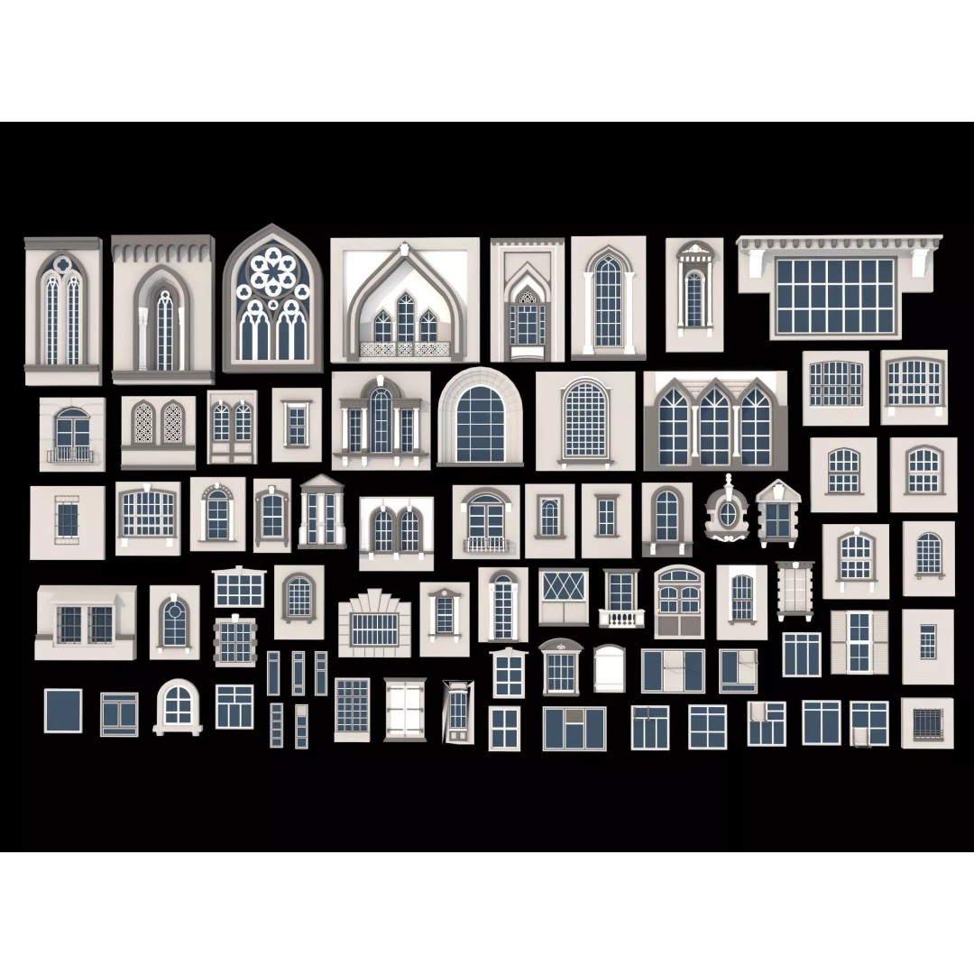 European Style Window Set 3D Model – Low Poly Modular Architecture - View 2