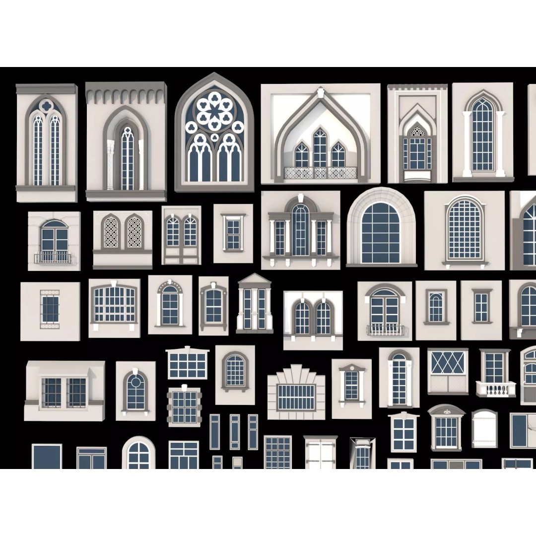 European Style Window Set 3D Model – Low Poly Modular Architecture - View 3