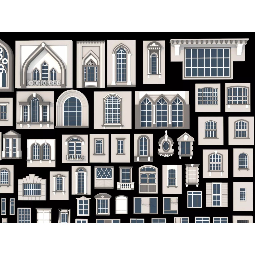 European Style Window Set 3D Model – Low Poly Modular Architecture - View 4