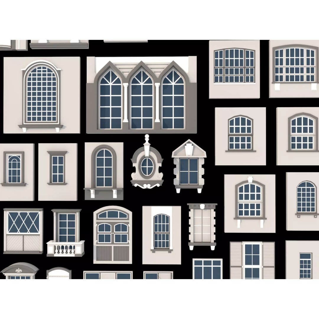 European Style Window Set 3D Model – Low Poly Modular Architecture - View 5