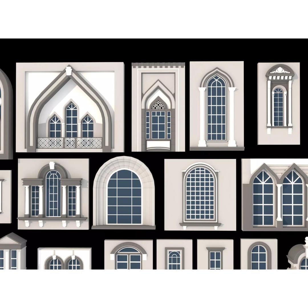 European Style Window Set 3D Model – Low Poly Modular Architecture - View 6