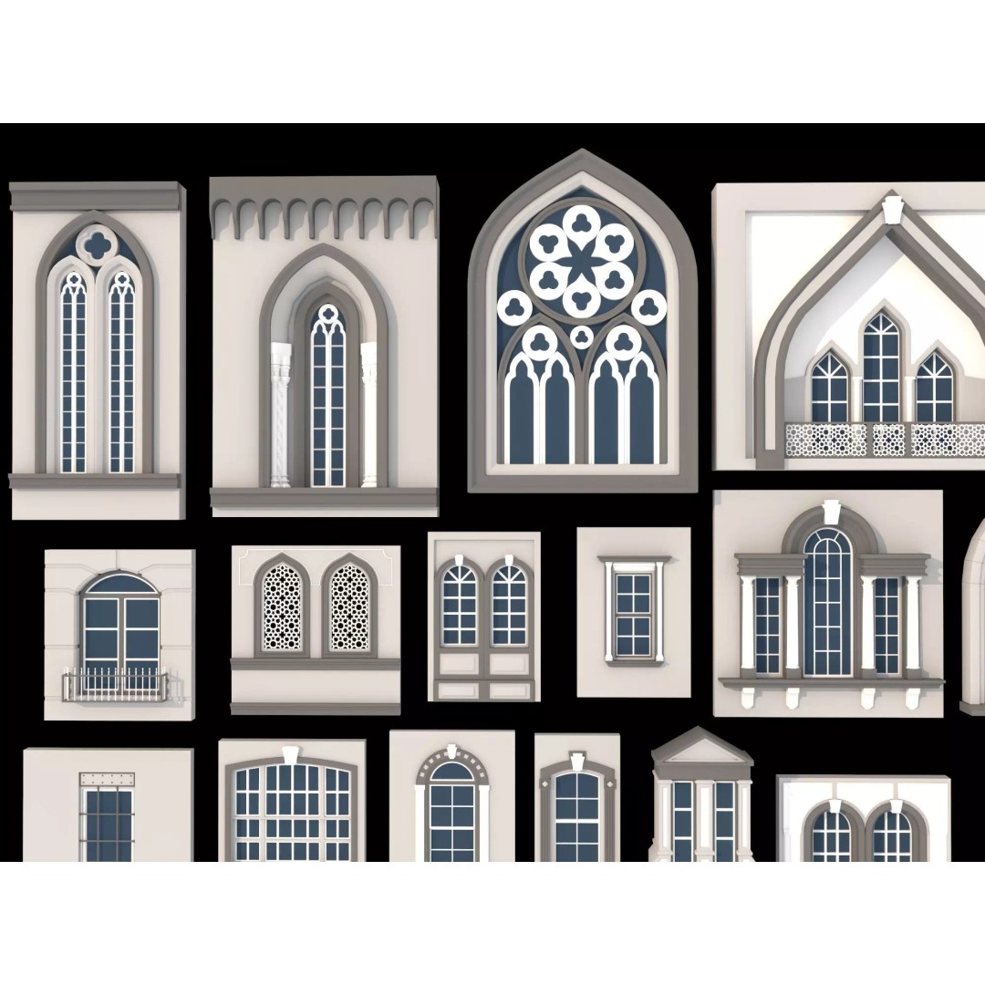 European Style Window Set 3D Model – Low Poly Modular Architecture - View 7