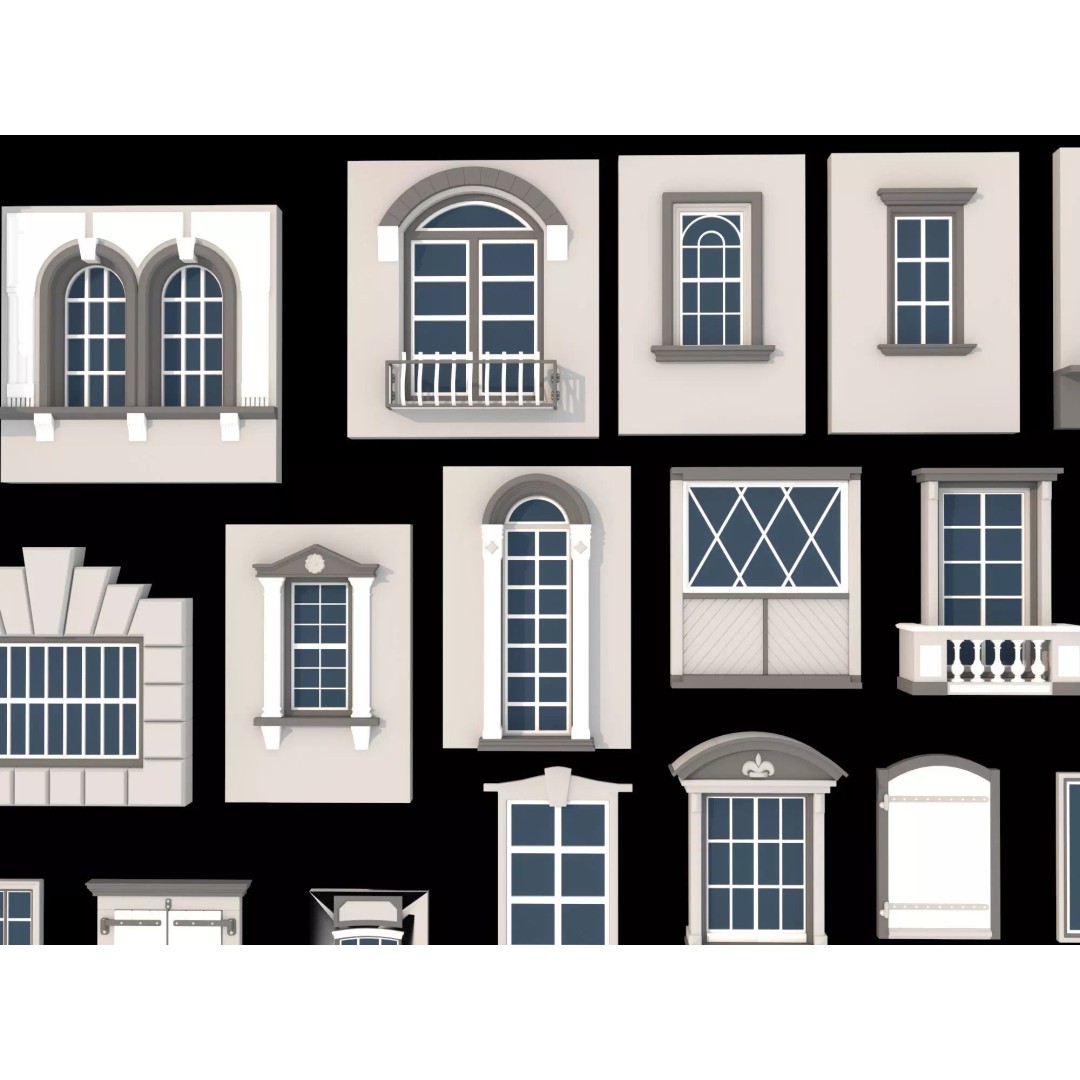 European Style Window Set 3D Model – Low Poly Modular Architecture - View 8