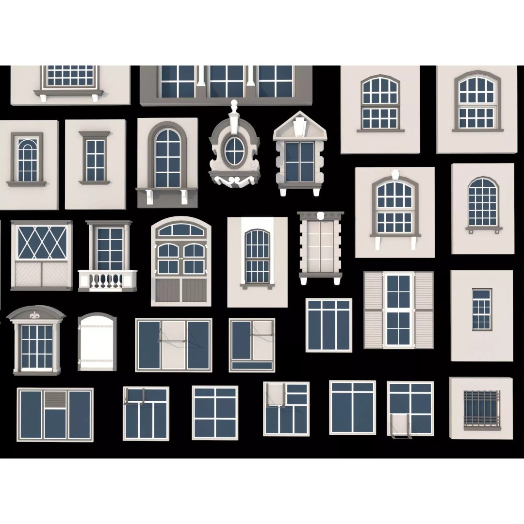 European Style Window Set 3D Model – Low Poly Modular Architecture - View 9