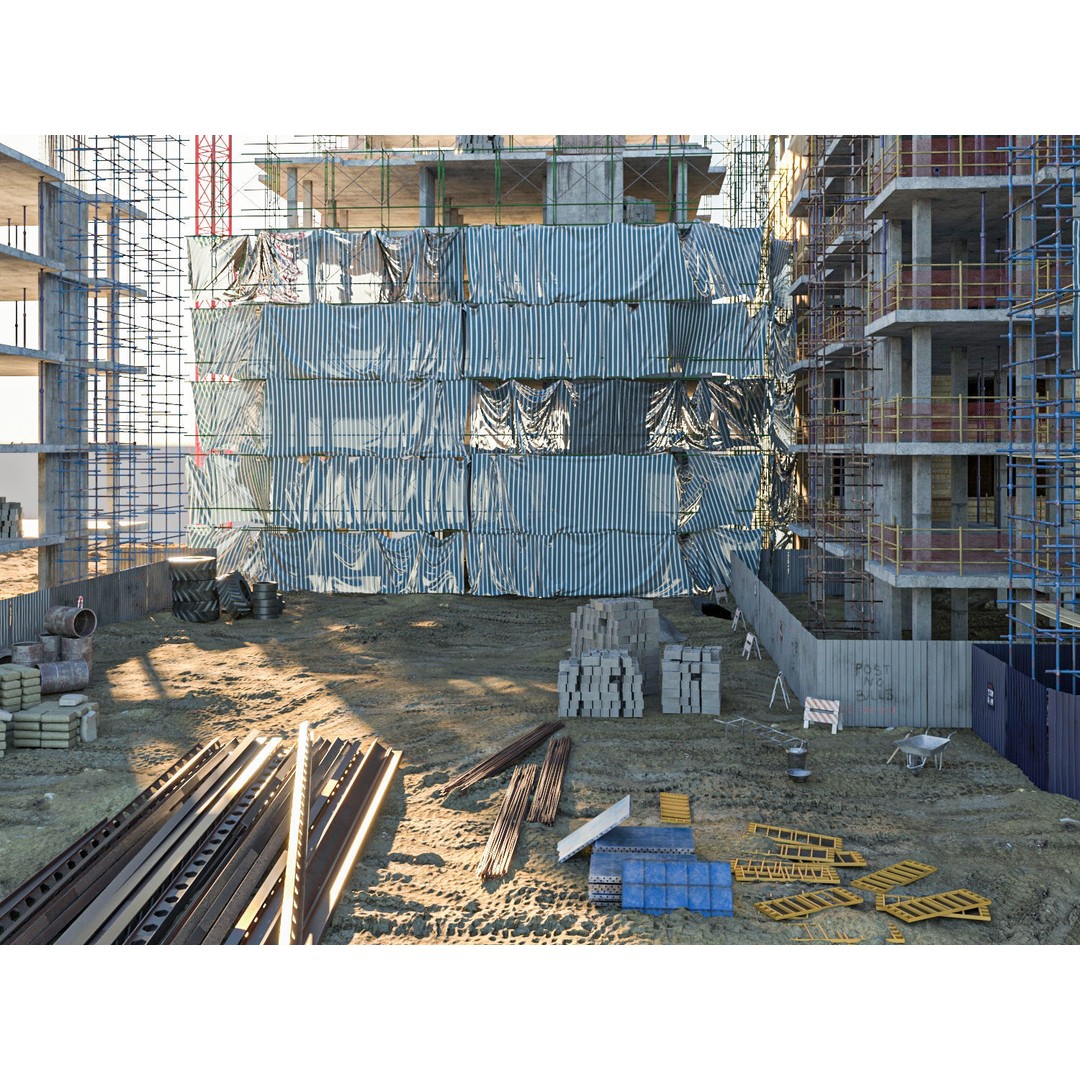 Modular Construction Site 3D Model – Low Poly Game Asset, FBX, OBJ - View 10