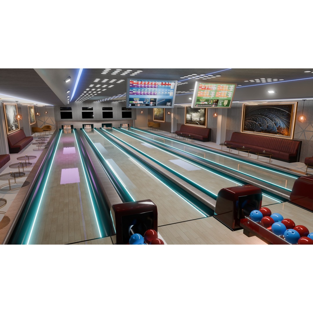 Bowling Alley 3D Model – Stylish Recreation Area with Lanes, Blender
