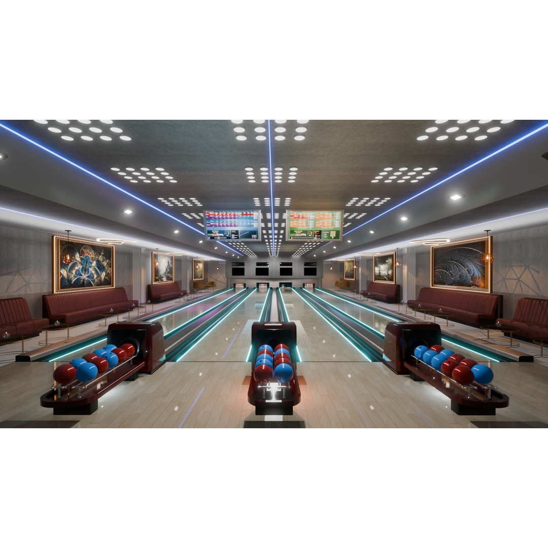 Bowling Alley 3D Model – Stylish Recreation Area with Lanes, Blender - View 10