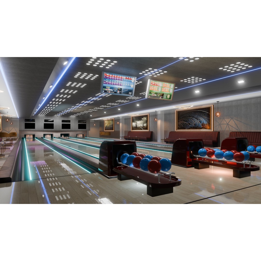 Bowling Alley 3D Model – Stylish Recreation Area with Lanes, Blender - View 3