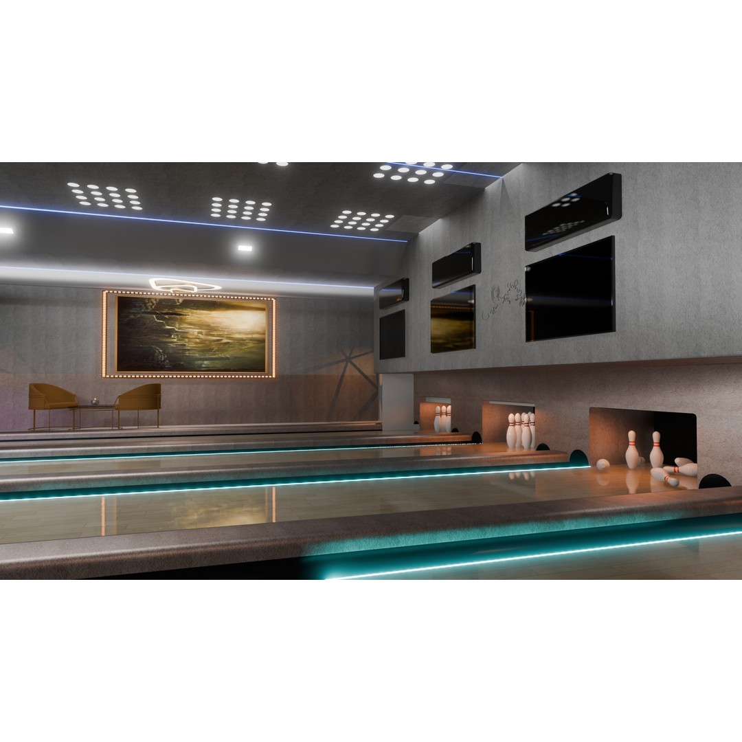 Bowling Alley 3D Model – Stylish Recreation Area with Lanes, Blender - View 9
