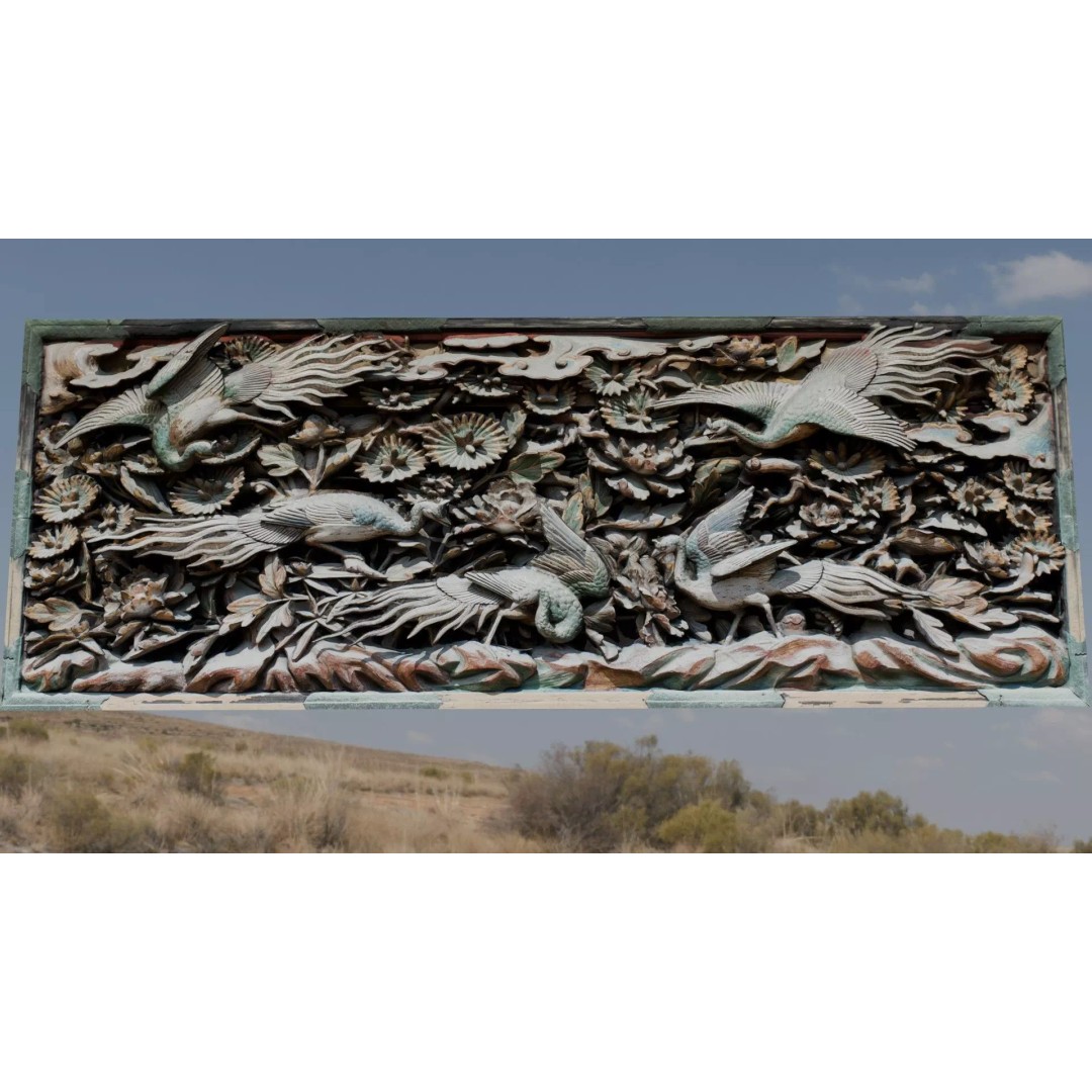 Japanese Ranma 3D Model – Ornate Wood Carving with Cranes and Peonies - View 10