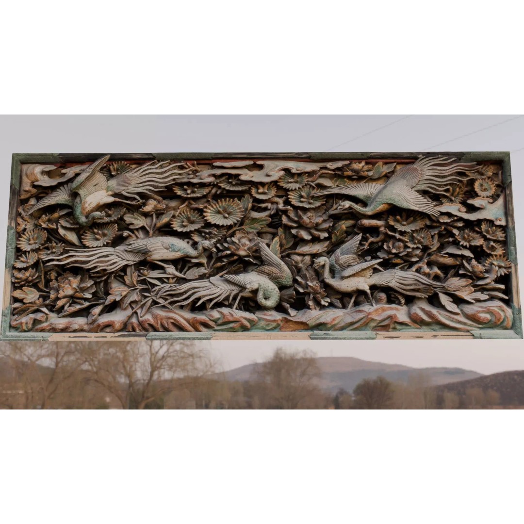 Japanese Ranma 3D Model – Ornate Wood Carving with Cranes and Peonies - View 11