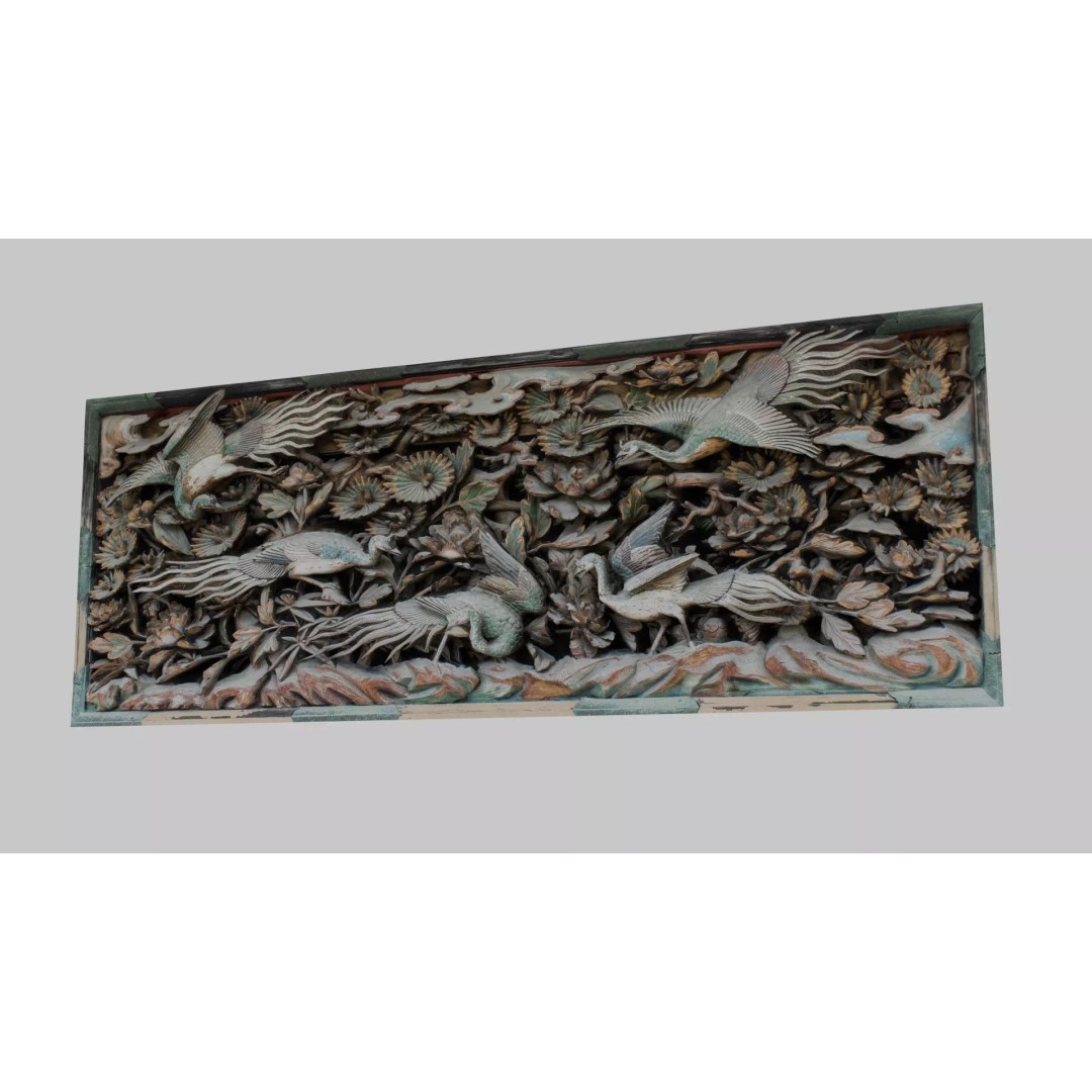 Japanese Ranma 3D Model – Ornate Wood Carving with Cranes and Peonies - View 15