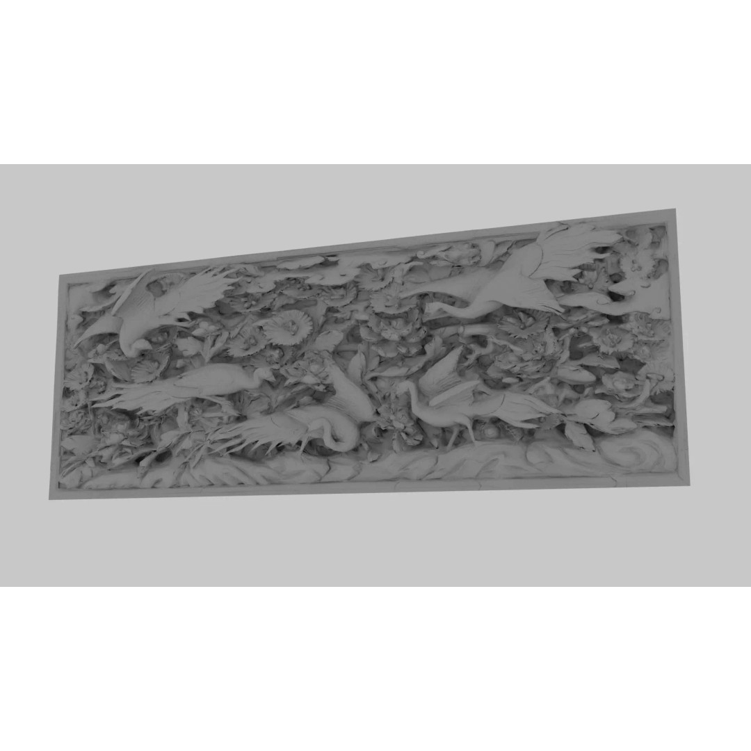 Japanese Ranma 3D Model – Ornate Wood Carving with Cranes and Peonies - View 16