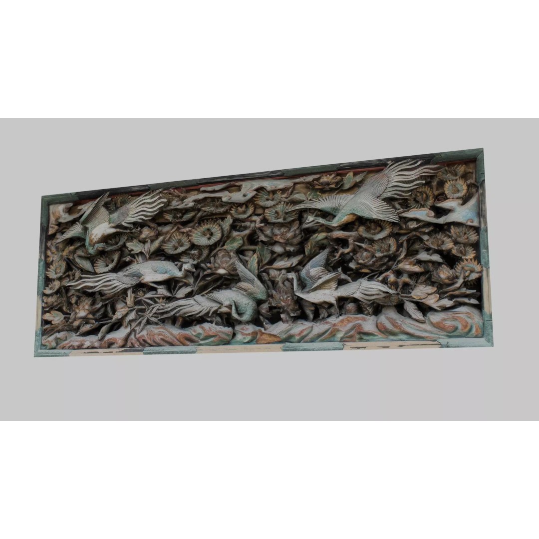 Japanese Ranma 3D Model – Ornate Wood Carving with Cranes and Peonies - View 18