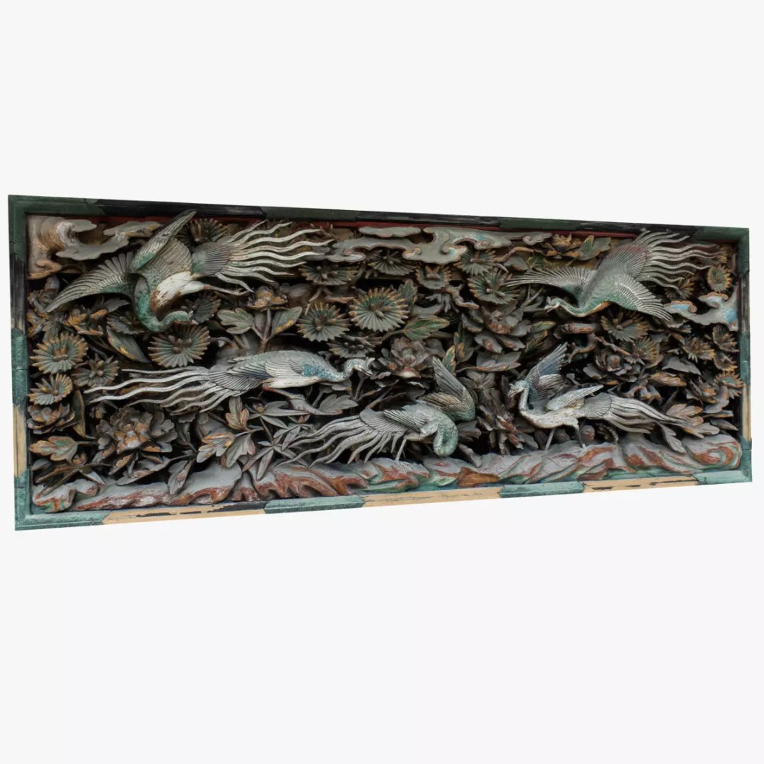 Japanese Ranma 3D Model – Ornate Wood Carving with Cranes and Peonies - View 2