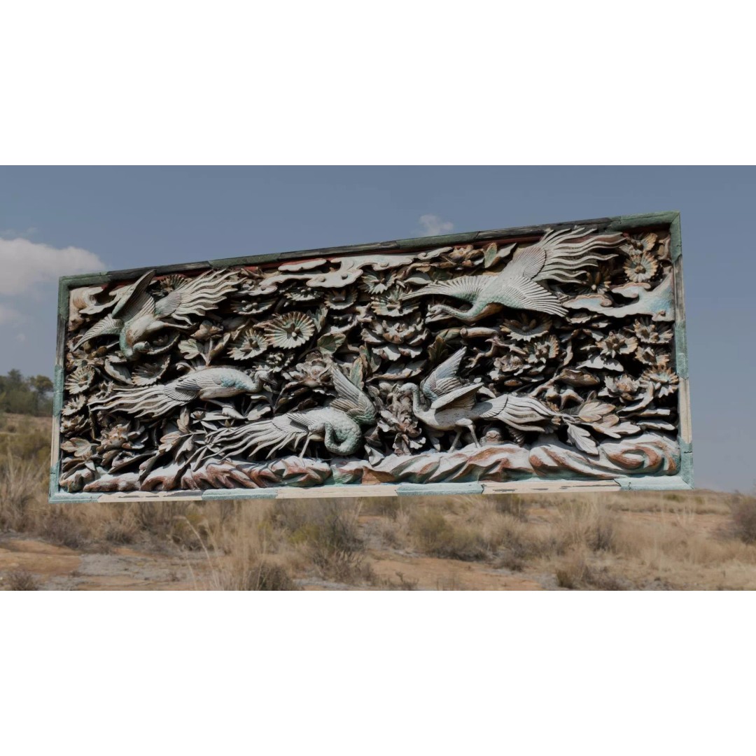 Japanese Ranma 3D Model – Ornate Wood Carving with Cranes and Peonies - View 4