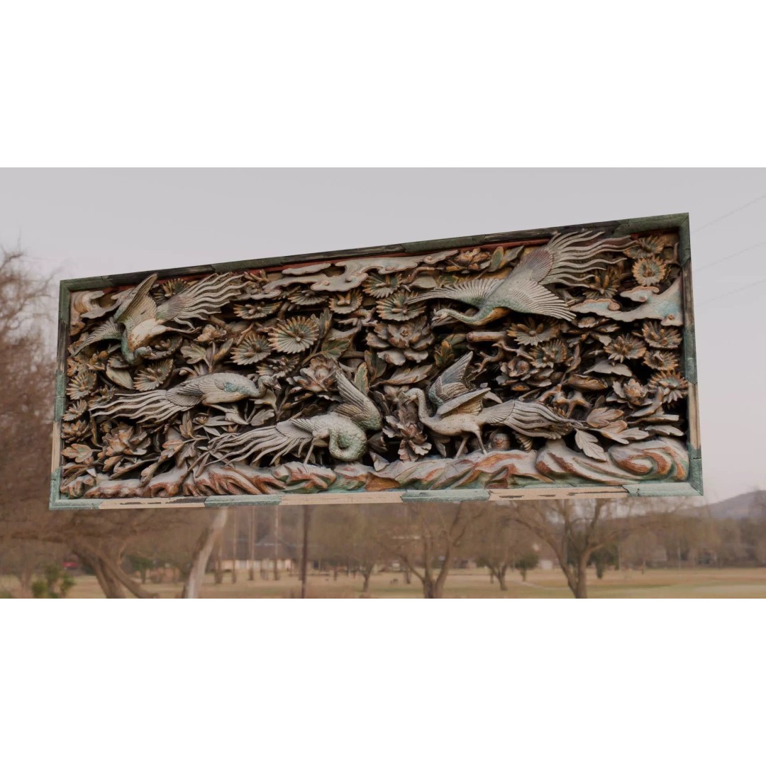 Japanese Ranma 3D Model – Ornate Wood Carving with Cranes and Peonies - View 5