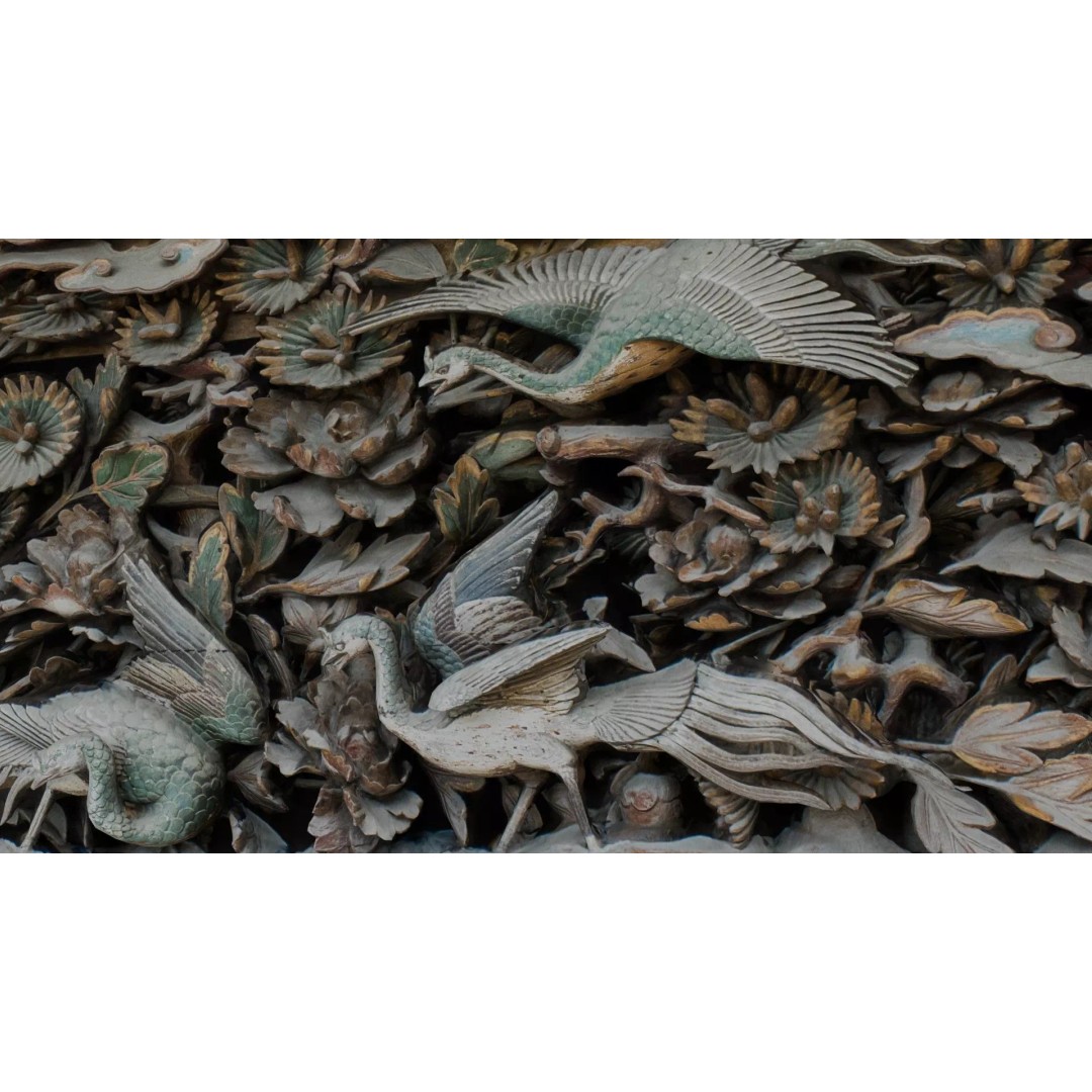 Japanese Ranma 3D Model – Ornate Wood Carving with Cranes and Peonies - View 7