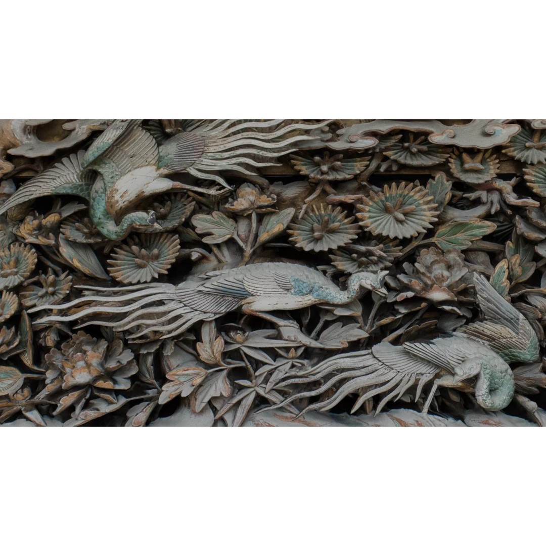 Japanese Ranma 3D Model – Ornate Wood Carving with Cranes and Peonies - View 8