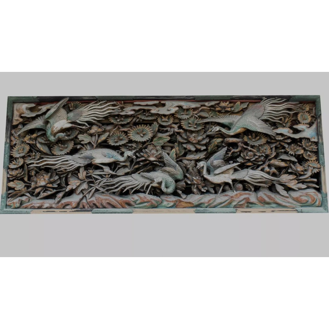 Japanese Ranma 3D Model – Ornate Wood Carving with Cranes and Peonies - View 9