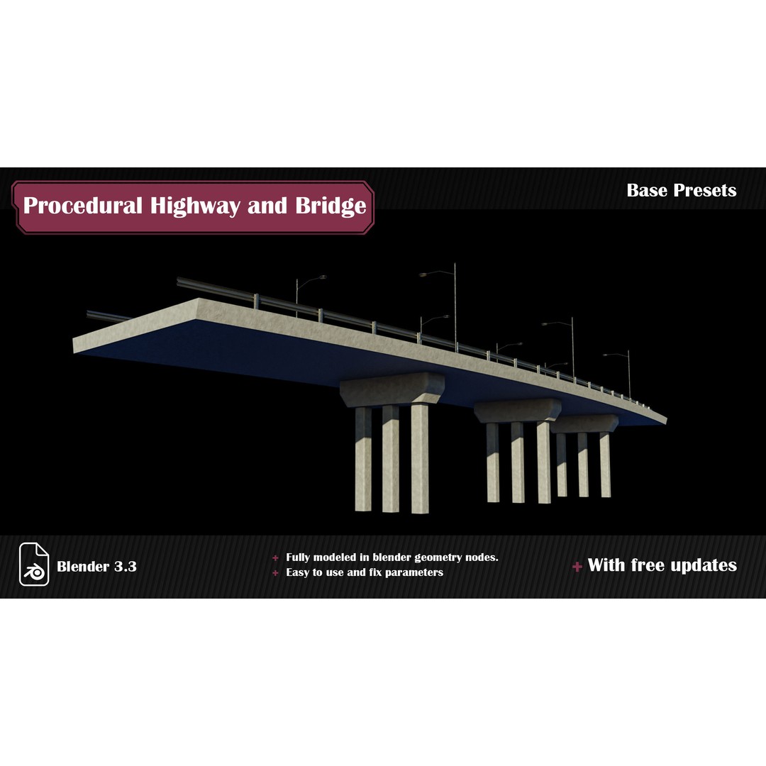 Procedural Highway and Bridge Generator 3D Model – Blender Road Asset, PBR Materials