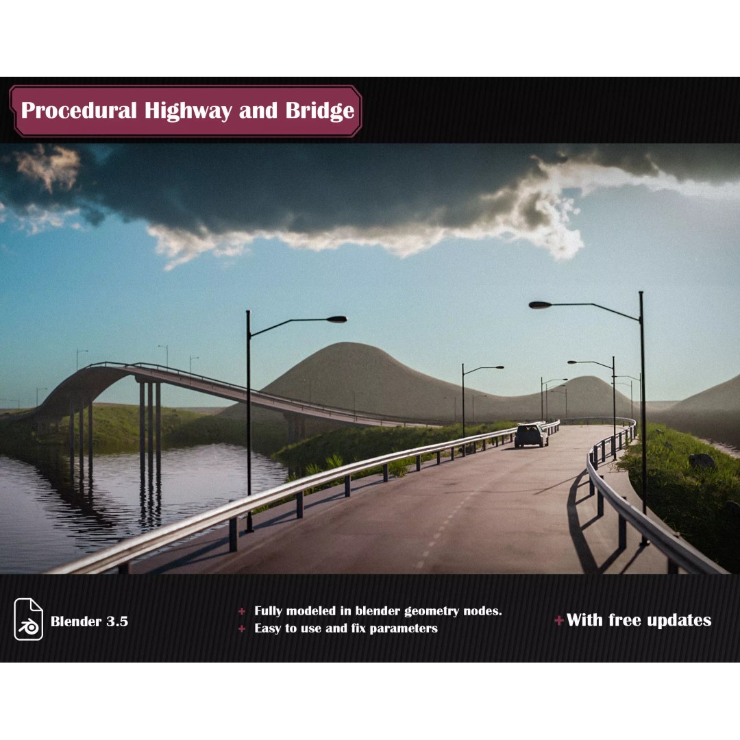 Procedural Highway and Bridge Generator 3D Model – Blender Road Asset, PBR Materials - View 2