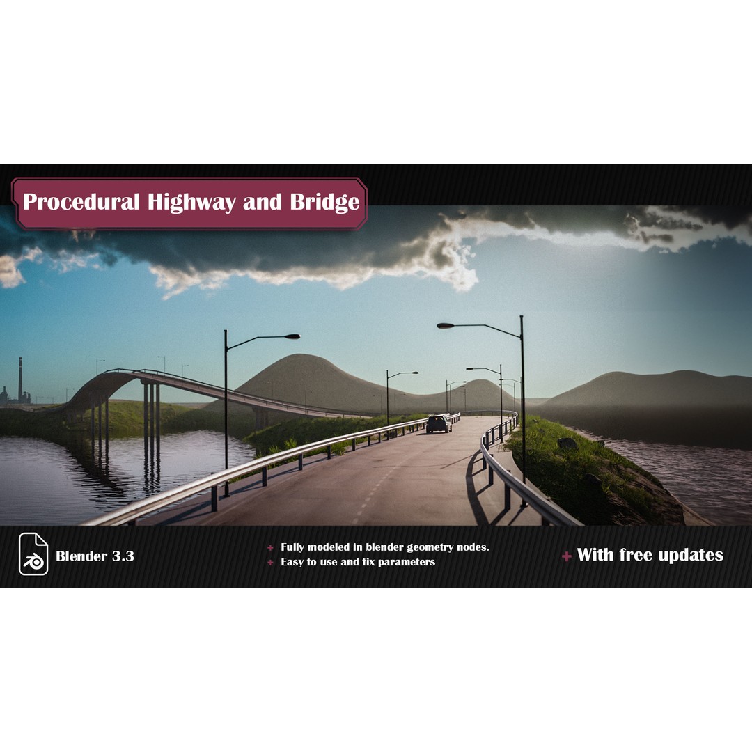 Procedural Highway and Bridge Generator 3D Model – Blender Road Asset, PBR Materials - View 3