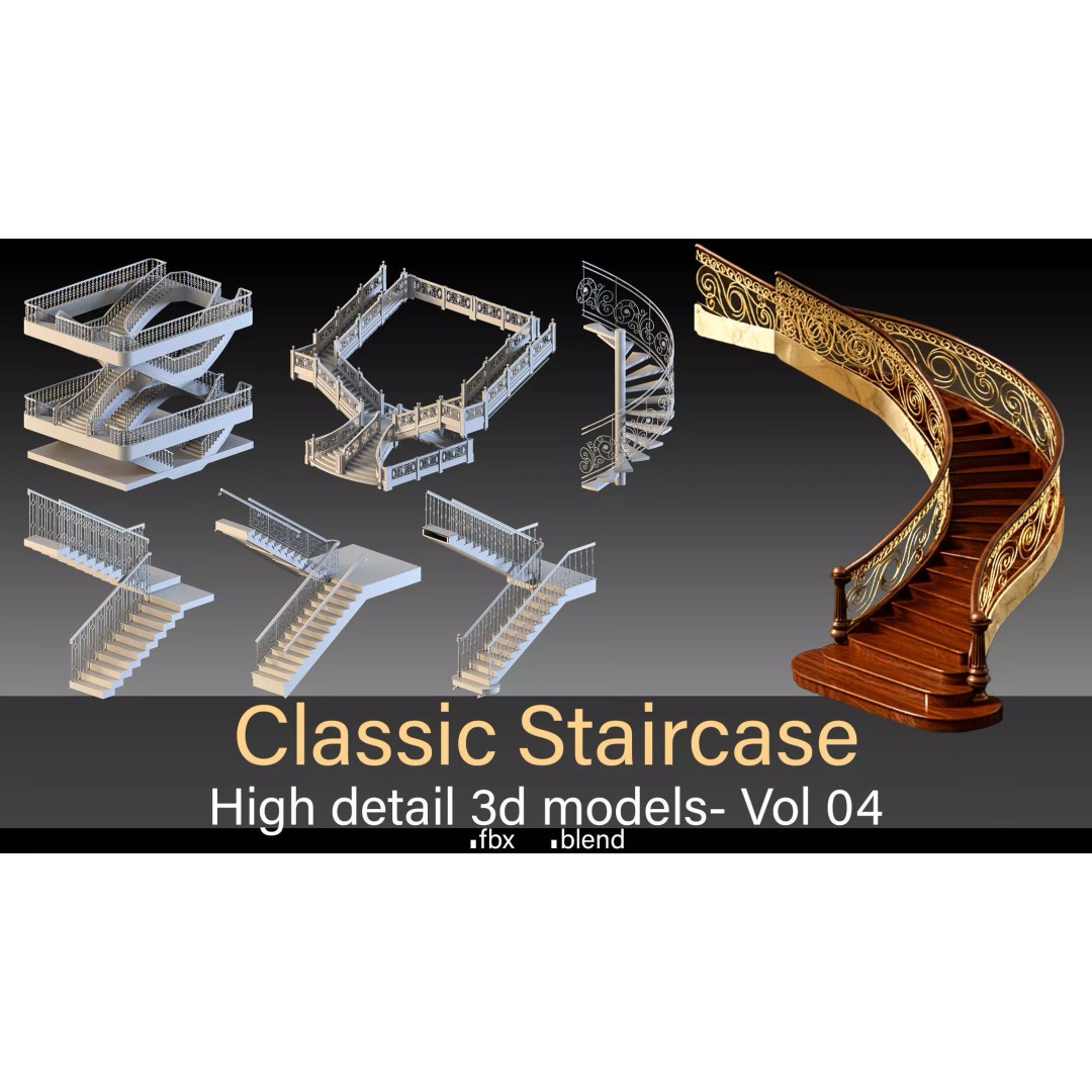 Luxury Grand Classic Staircase 3D Model – Timeless Design, FBX & Blender - View 2
