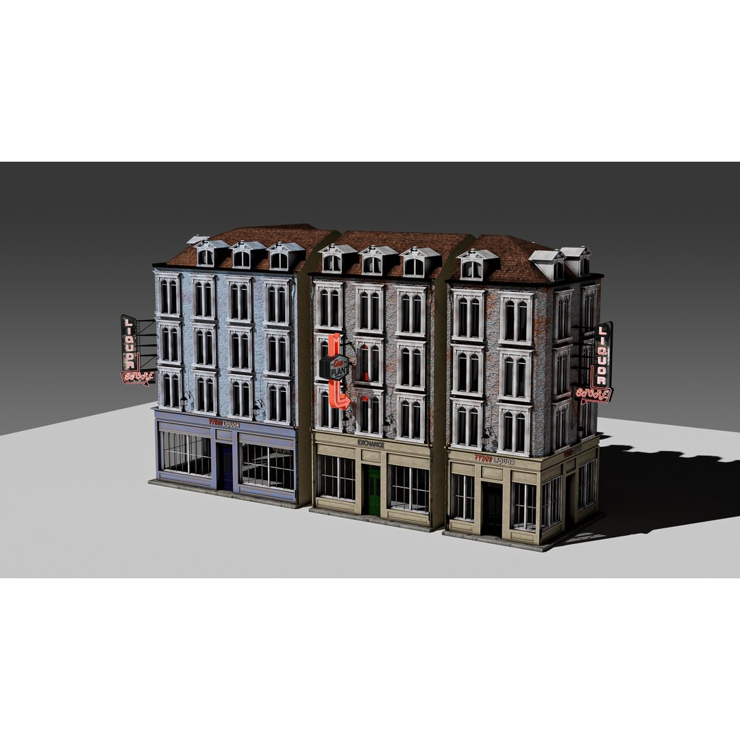3 Piece Modular European Shop Apartment Building 3D Model – Game-Ready, PBR Textures, Blender