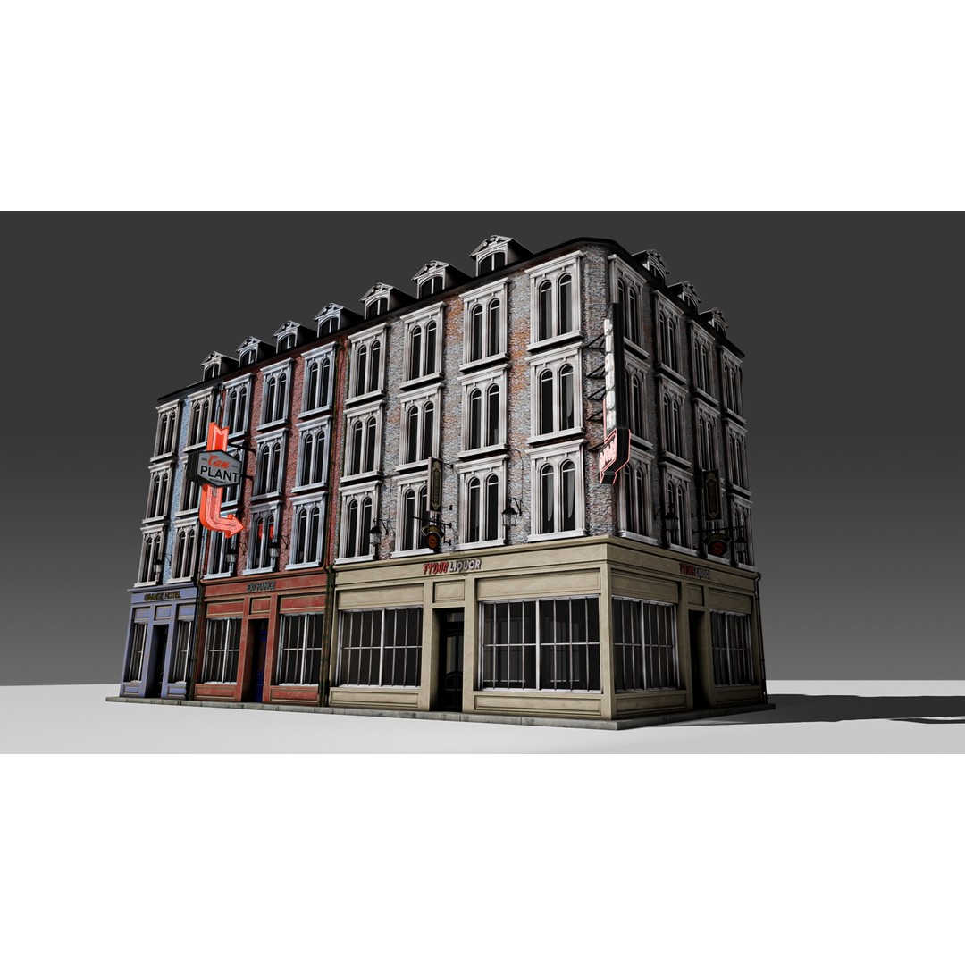 3 Piece Modular European Shop Apartment Building 3D Model – Game-Ready, PBR Textures, Blender - View 3