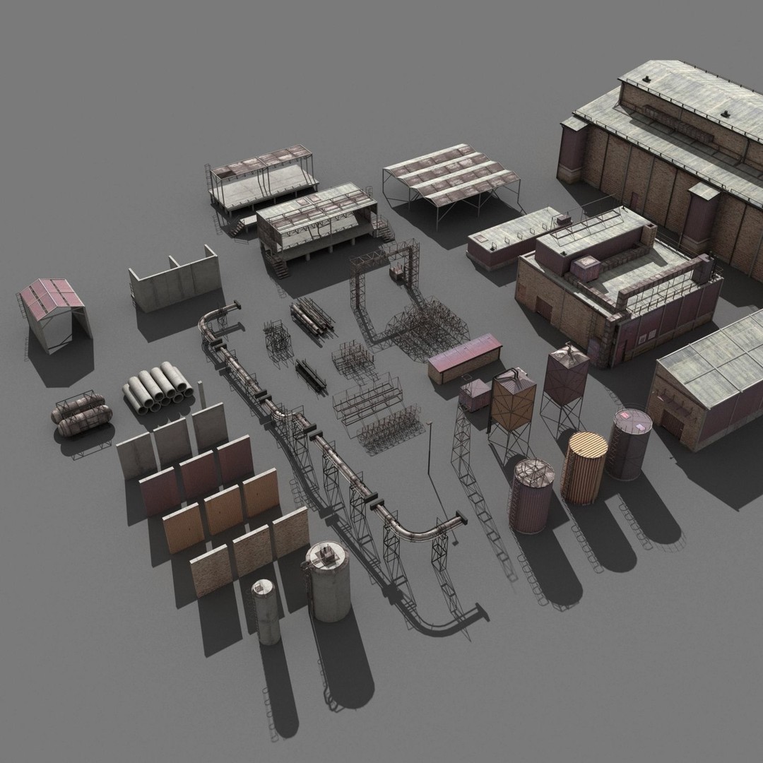 Industrial Buildings 3D Model – Low Poly Collection for Game Assets, FBX, OBJ - View 10