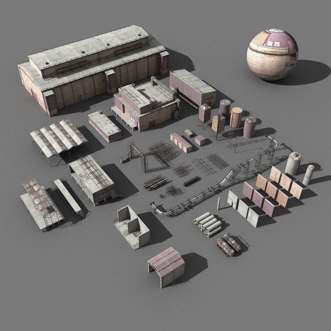 Industrial Buildings 3D Model – Low Poly Collection for Game Assets, FBX, OBJ - View 4