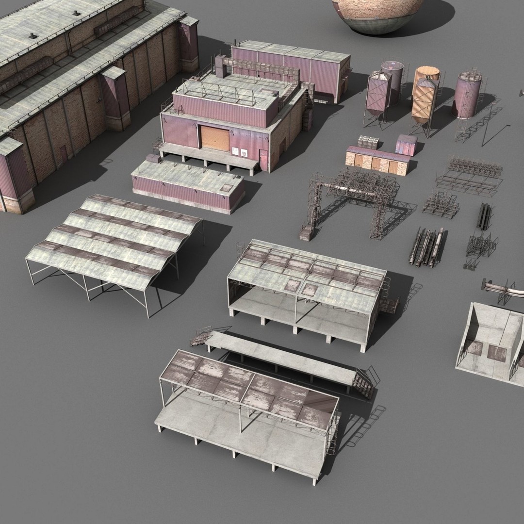 Industrial Buildings 3D Model – Low Poly Collection for Game Assets, FBX, OBJ - View 7