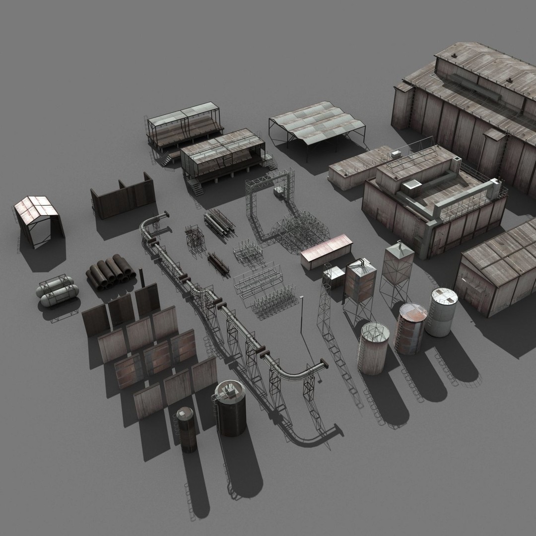 Industrial Buildings 3D Model – Low Poly Collection for Game Assets, FBX, OBJ - View 9
